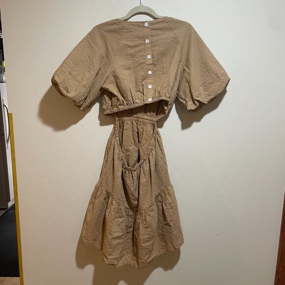 NEW Madewell Size M Seersucker Puff Sleeve Cutout Mini Dress Tan Button Back - Picture 9 of 14